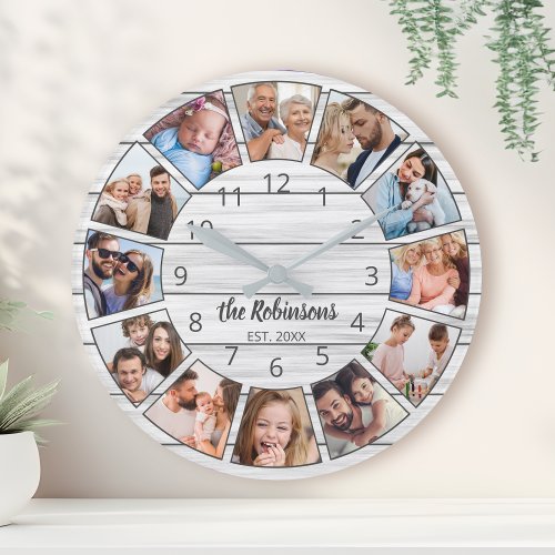 Personalized Photo Collage White Wood Family Round Clock