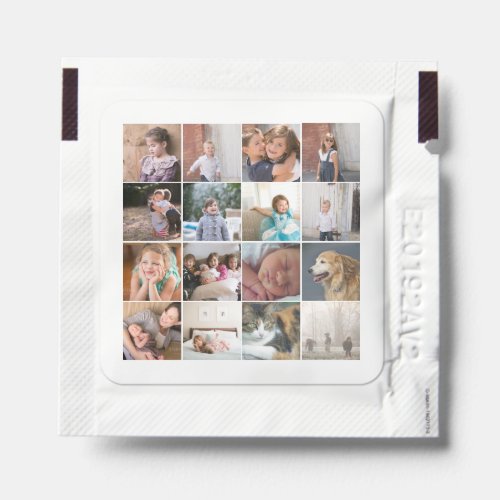 Personalized photo collage with sixteen photos hand sanitizer packet