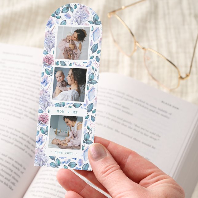 Personalized Photo Collage with Unicorns & Roses Bookmarks (Hand)