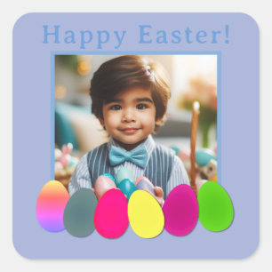 Personalized Photo Colored Eggs Blue Happy Easter Square Sticker