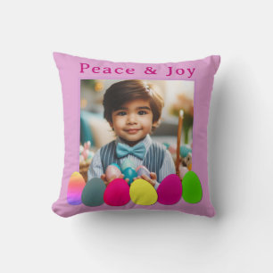 Personalized Photo Colored Eggs Peace Joy Easter Throw Pillow
