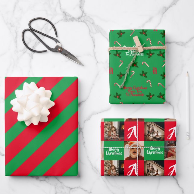 Personalized photo custom name Merry Christmas Wrapping Paper Sheets (Front)