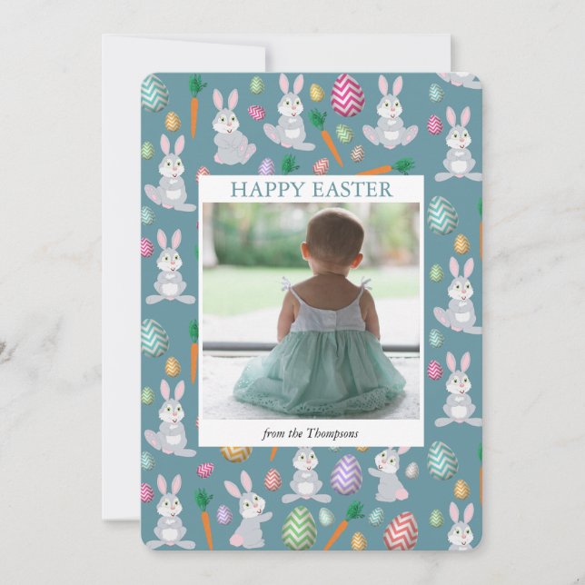 Personalized Photo Cute Blue Easter Bunny Rabbit  Holiday Card (Front)