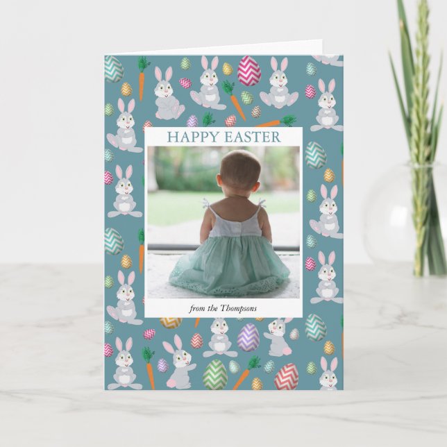 Personalized Photo Cute Blue Easter Bunny Rabbit  Holiday Card (Front)