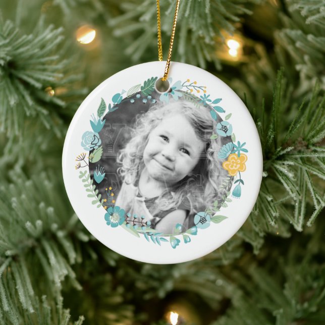 Personalized Photo Delicate Floral Wreath Ceramic Ornament (Tree)