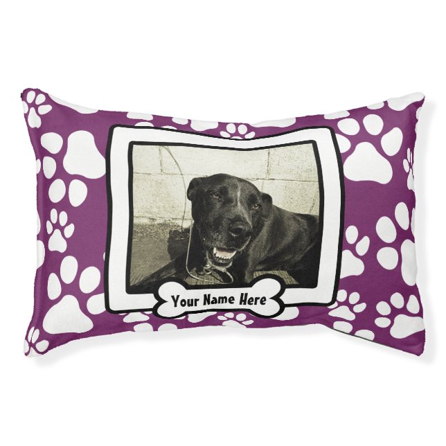 Personalized Photo Dog Bed Purple Paw Prints (Front)