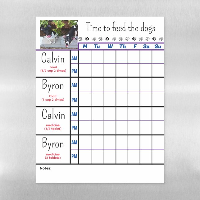 Personalized Photo Dog Feeding Chart Magnetic Dry Erase Sheet (Vertical)