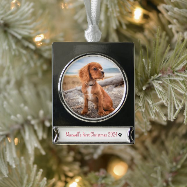 Personalized Photo Dogs First Christmas 2024 Silver Plated Banner Ornament (Tree)