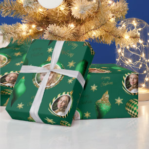 Personalized Photo Emerald Green Gold Christmas Wrapping Paper