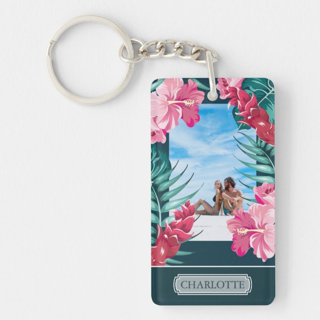 Personalized Photo Exotic Summer Flowers Monogram Keychain (Front)