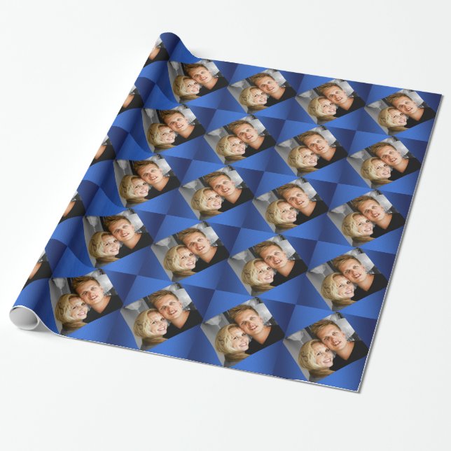 Personalized photo family couples photo blue wrapping paper (Unrolled)