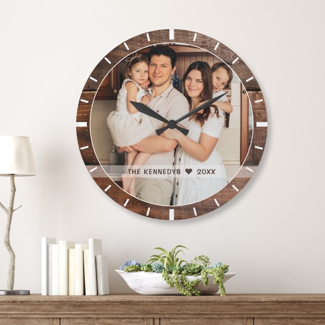 Personalized Photo Family Name Rustic Dark Wood Large Clock (Creator Uploaded)