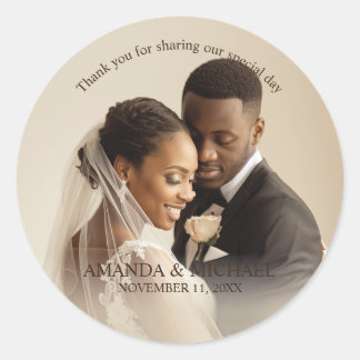 Personalized Photo Favor with Names & Wedding Date Classic Round Sticker