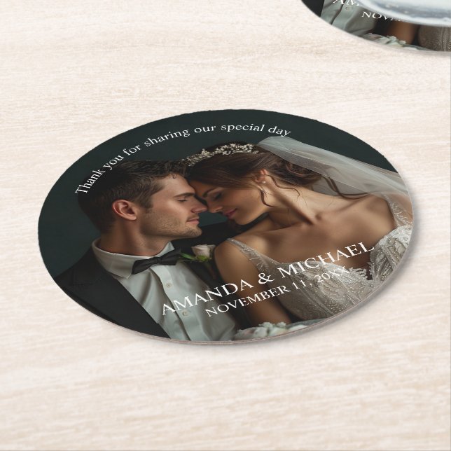 Personalized Photo Favor with Names & Wedding Date Round Paper Coaster (Angled)