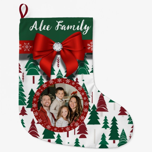 Personalized Photo Festive Christmas Tree & Bow Large Christmas Stocking (Front)