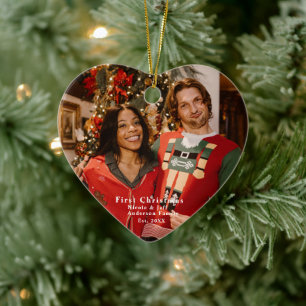 Personalized Photo "First Christmas" Heart Shaped Ceramic Ornament