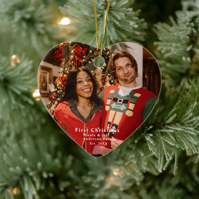 Personalized Photo "First Christmas" Heart Shaped Ceramic Ornament (Tree)