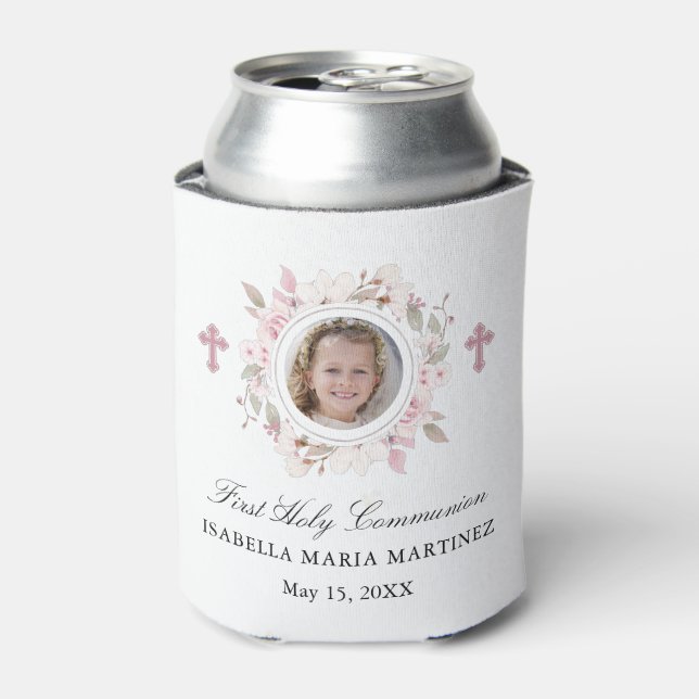 Personalized Photo First Communion Pink Floral Can Cooler (Can Front)