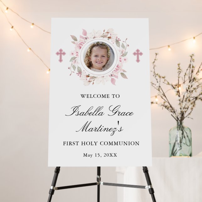 Personalized Photo First Communion Pink Floral  Foam Board (In Situ (Stand))