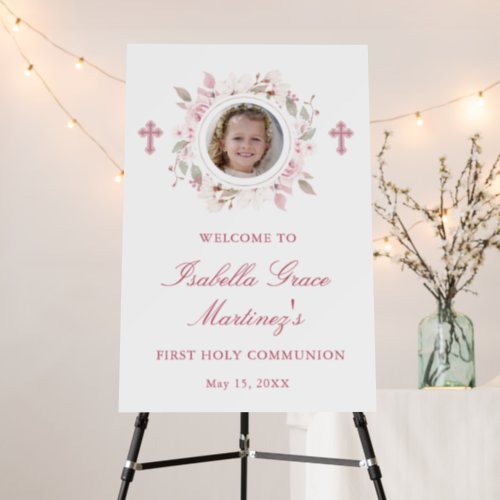 Personalized Photo First Communion Pink Floral  Foam Board
