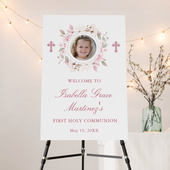 Personalized Photo First Communion Pink Floral  Foam Board (In Situ (Stand))