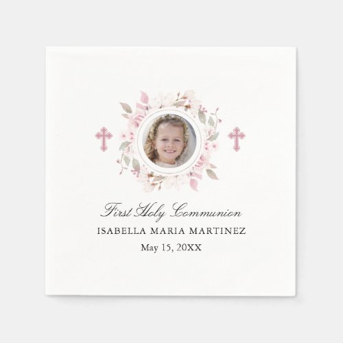 Personalized Photo First Communion Pink Floral Napkins