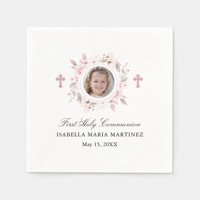 Personalized Photo First Communion Pink Floral Napkins (Front)