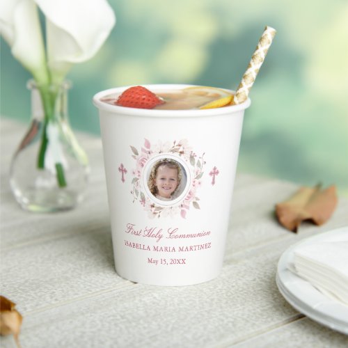 Personalized Photo First Communion Pink Floral Paper Cups