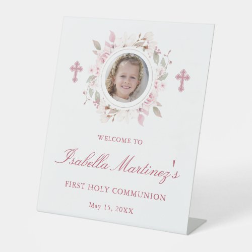 Personalized Photo First Communion Pink Floral Pedestal Sign