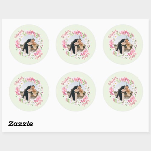 Personalized Photo Floral Frame with Bride Groom  Classic Round Sticker