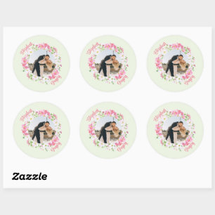 Personalized Photo Floral Frame with Bride Groom Classic Round Sticker