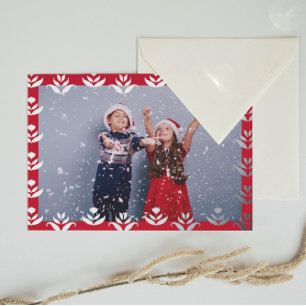 Personalized Photo Folk Art Border Red Christmas Foil Holiday Card
