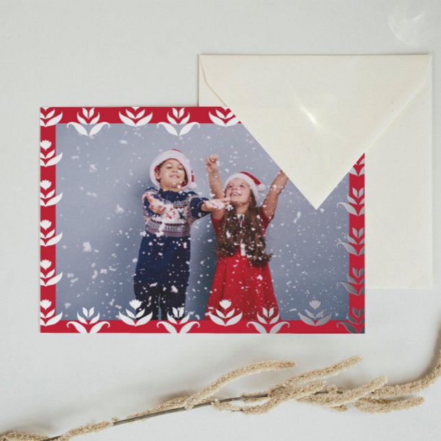   Personalized Photo Folk Art Border Red Christmas Foil Holiday Card (Creator Uploaded)