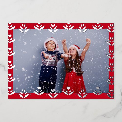   Personalized Photo Folk Art Border Red Christmas Foil Holiday Card