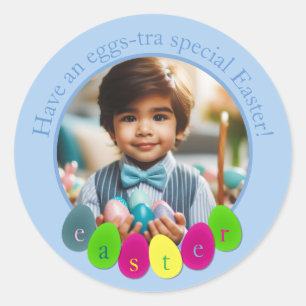 Personalized Photo Fun Colored Easter Eggs in Blue Classic Round Sticker