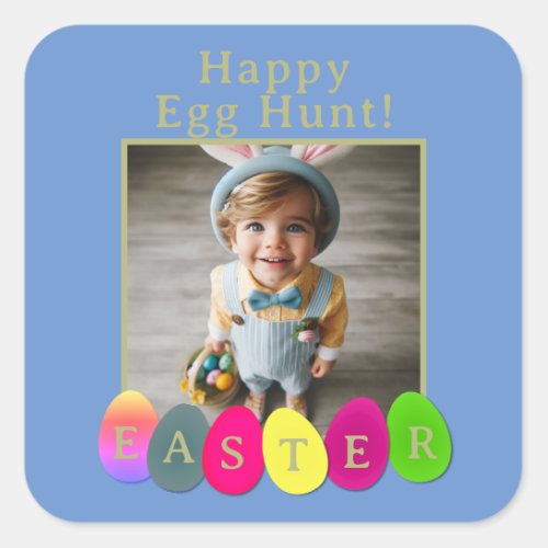 Personalized Photo Fun Egg Hunt Easter Blue Yellow Square Sticker
