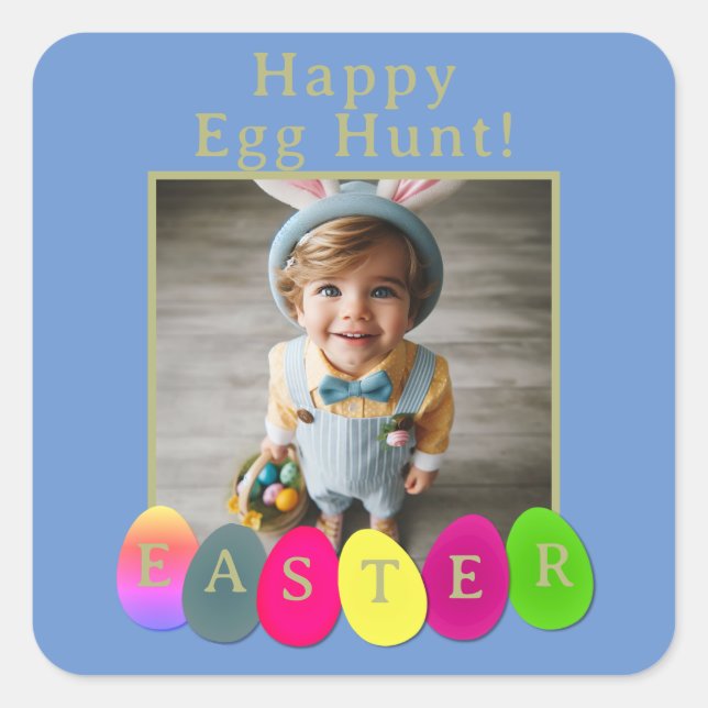 Personalized Photo Fun Egg Hunt Easter Blue Yellow Square Sticker (Front)