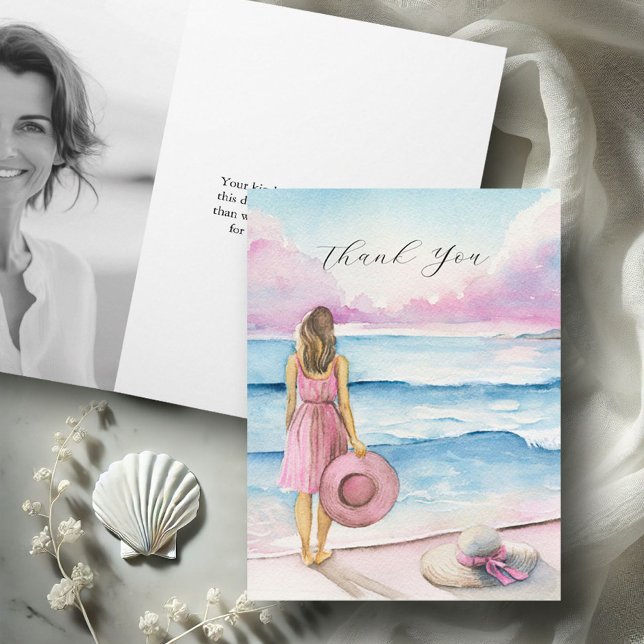 Personalized Photo Funeral Thank You Cards (Funeral thank you card watercolor woman and beach scene with hats in pink Victoria Grigaliunas)