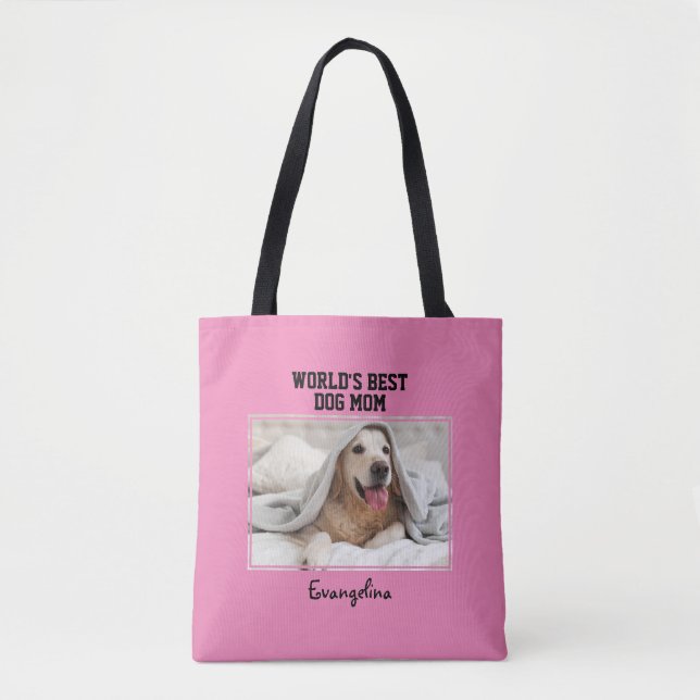 Personalized Photo Girly Worlds Best Dog Mom Tote Bag (Front)
