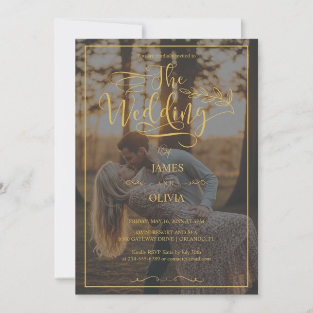 Personalized Photo Gold Calligraphy Wedding  Invitation (Front)