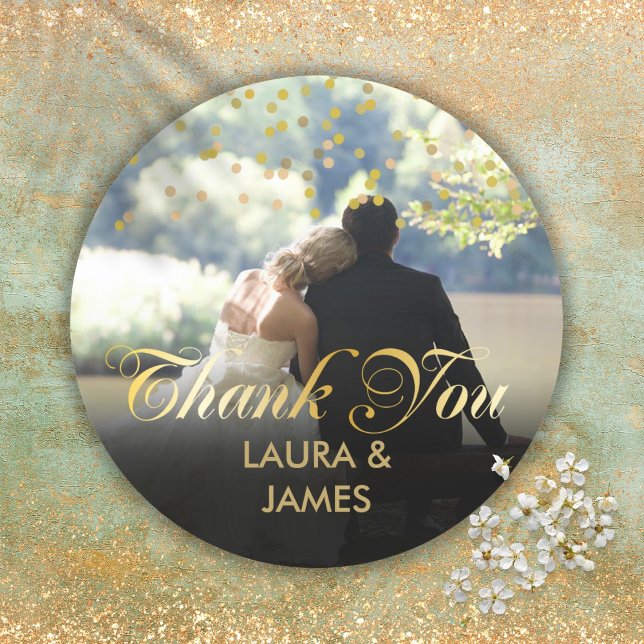Personalized Photo Gold Confetti Script Thank You Classic Round Sticker (Personalized Photo Gold Confetti Script Thank You Classic Round Sticker)