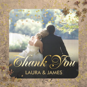 Personalized Photo Gold Confetti Script Thank You Square Sticker