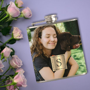 Personalized Photo Gold Frame and Black Monogram Flask