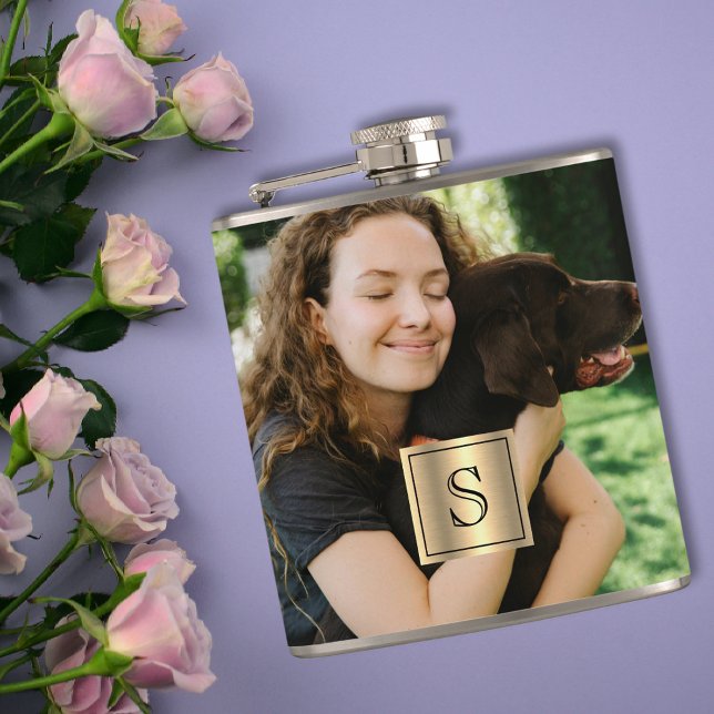 Personalized Photo Gold Frame and Black Monogram Flask (Creator Uploaded)