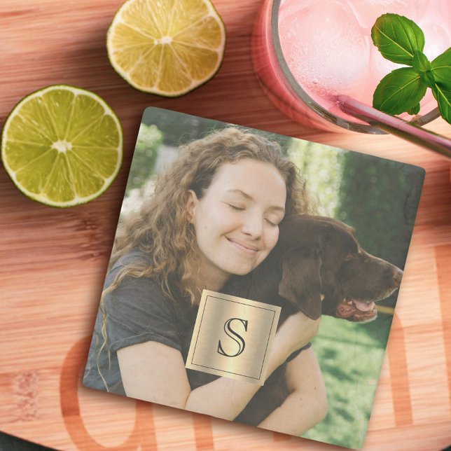 Personalized Photo Gold Frame and Black Monogram Stone Coaster (Creator Uploaded)