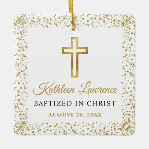 Personalized Photo Gold Glitter Cross Girl Baptism Ceramic Ornament