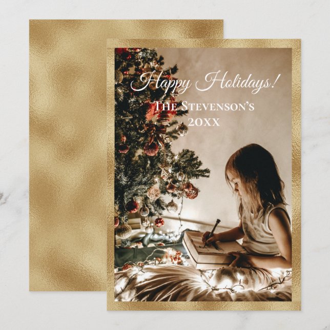 Personalized Photo Gold Happy Holidays Christmas Holiday Card (Front/Back)