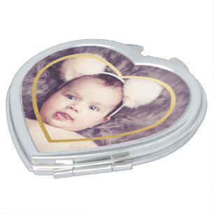 Personalized Photo Gold Heart Custom Compact Mirror