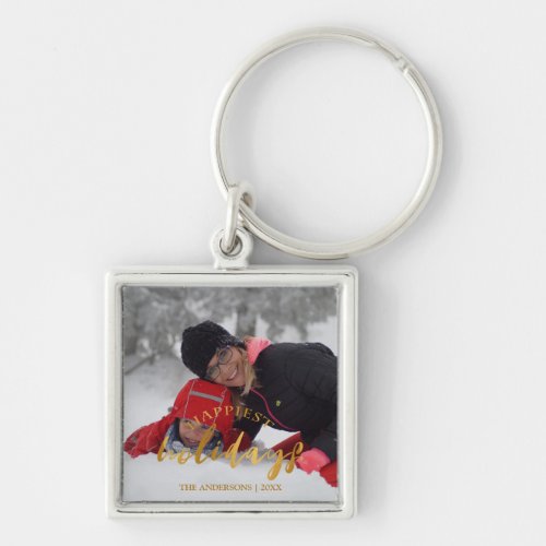 Personalized Photo Gold Script Happiest Holidays Keychain