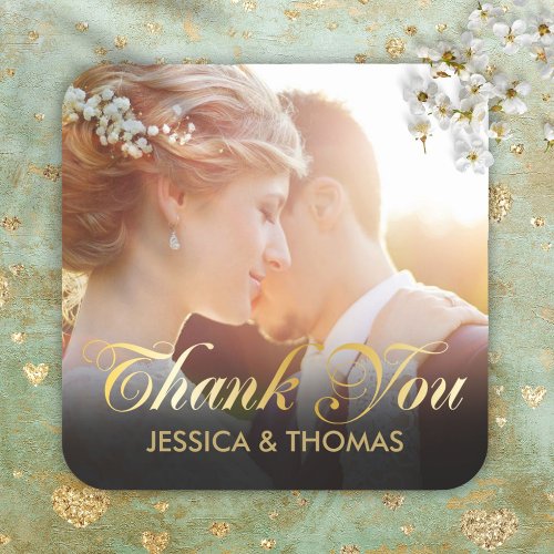 Personalized Photo Gold Script Wedding Thank You Square Sticker